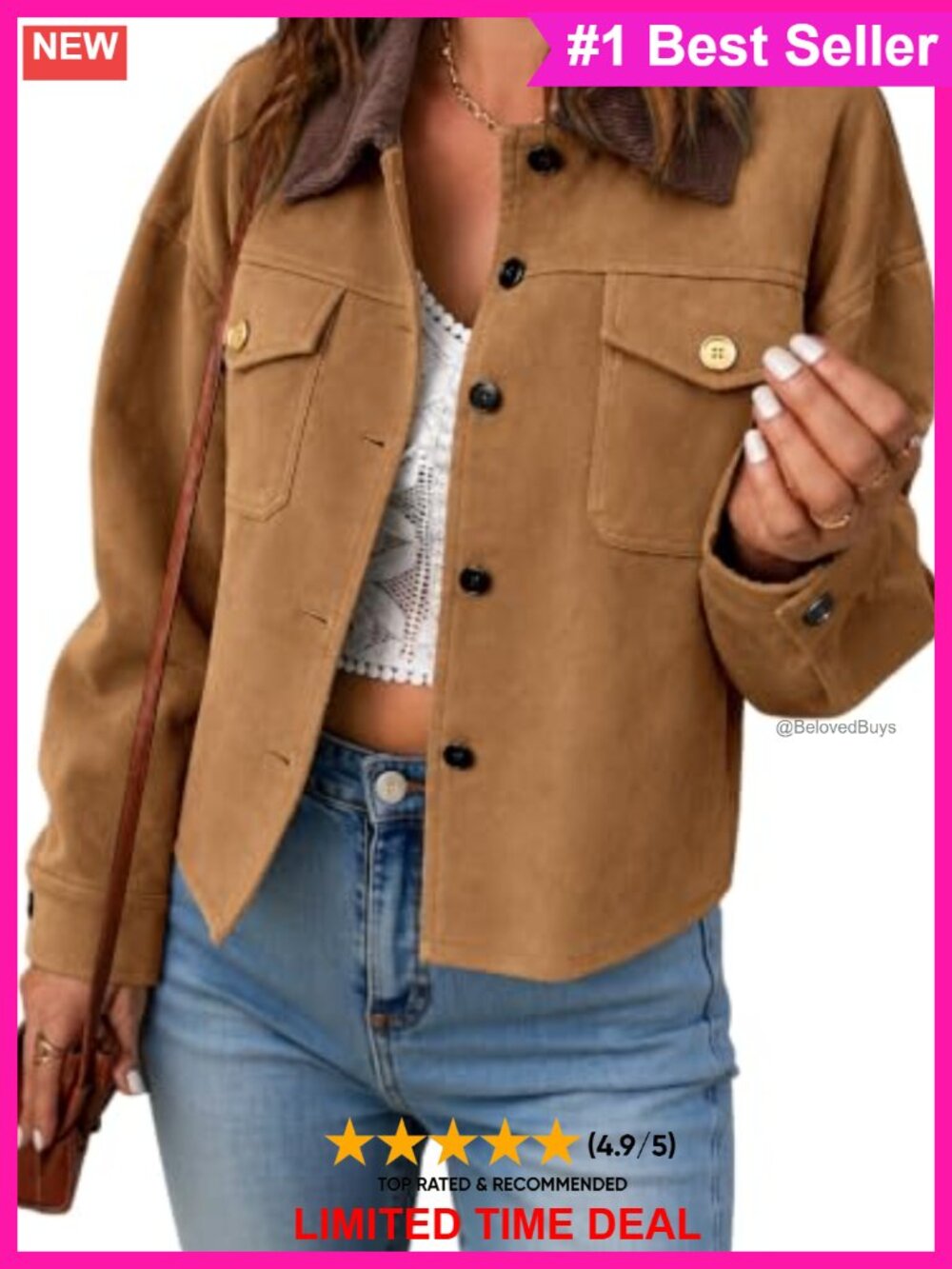 Faux Suede Cropped Jacket Button Front Fitted Fall Shacket
